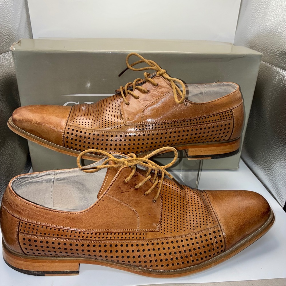 Giovanni Diego Mens 12 Tan Brown Leather Perforated Cap Toe Oxford Dress Shoes